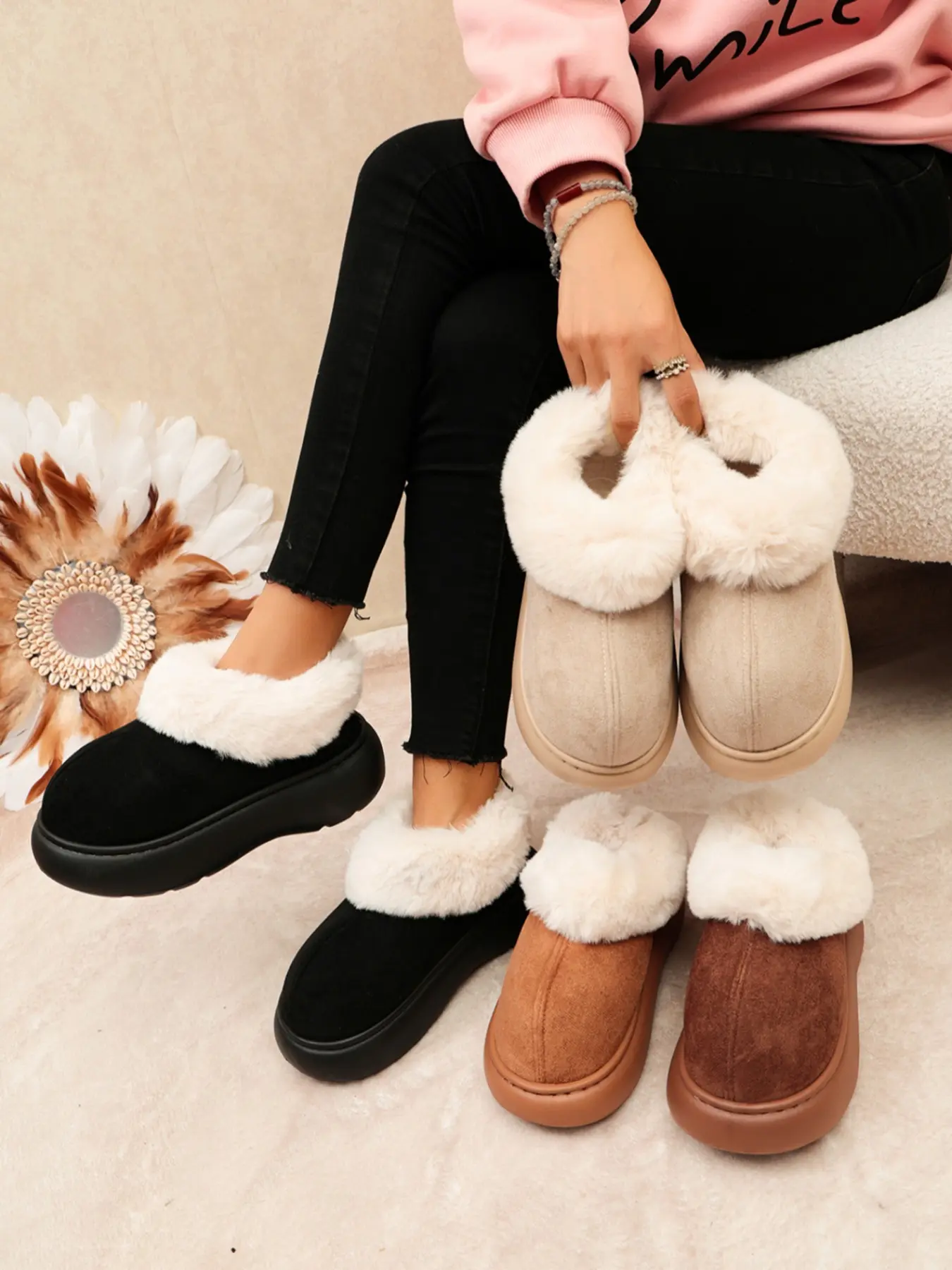Women's Thick Sole Winter Ankle Booties, Plush Faux Fur Lined, Comfortable Indoor Outdoor Snow Boots, Stylish Short Warm Shoes