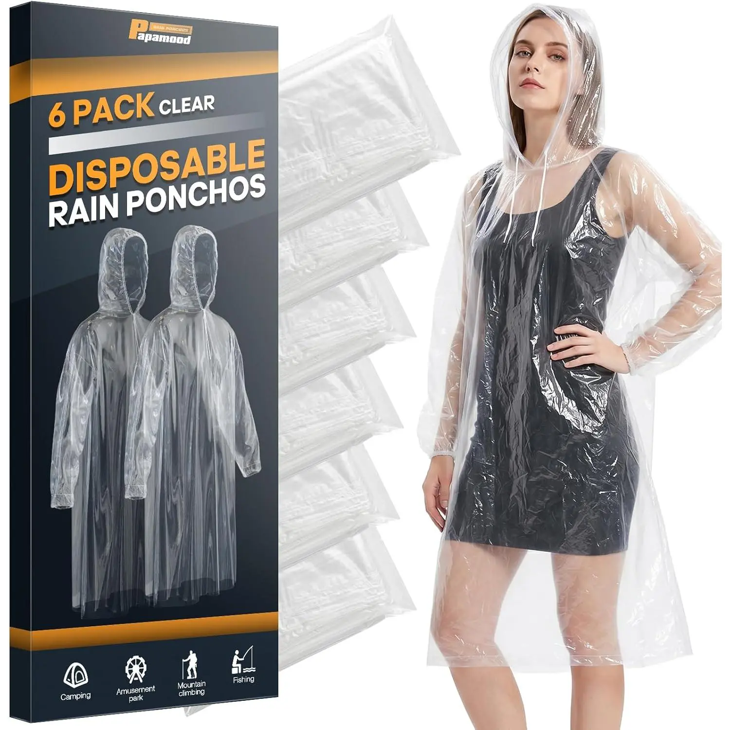 Disposable Rain Ponchos, Family Pack for Adults, Clear  Raincoat with Drawstring  and Elastic Cuffs