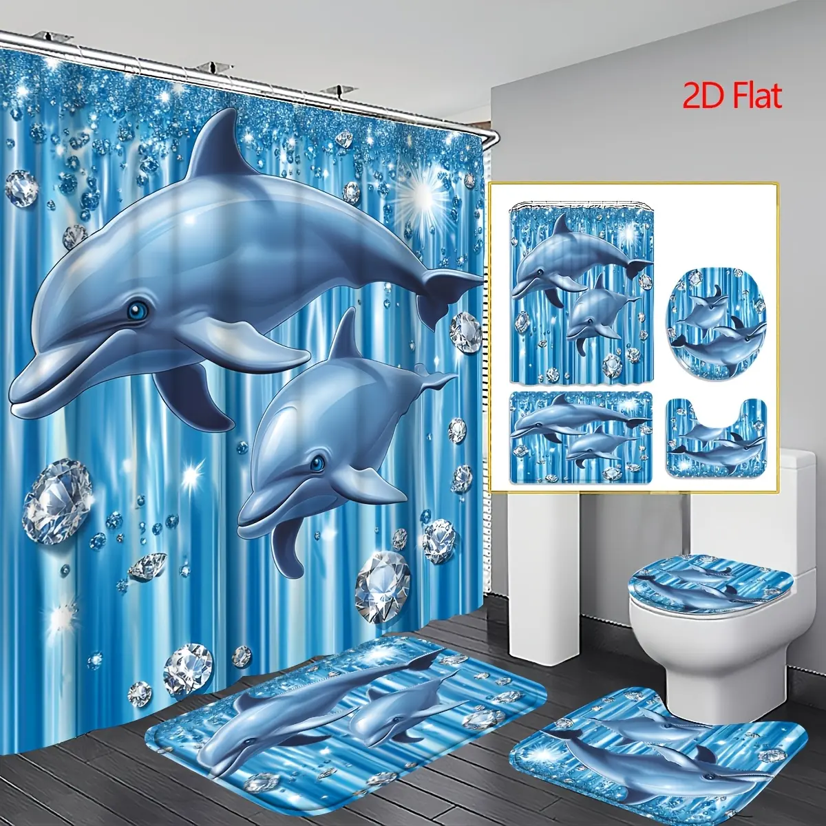 Dolphin shower curtain 4-piece set, ocean sparkle theme bathroom decoration, including U-shaped toilet cover and 12 hooks, aquatic brilliance, home decoration, bathroom decoration