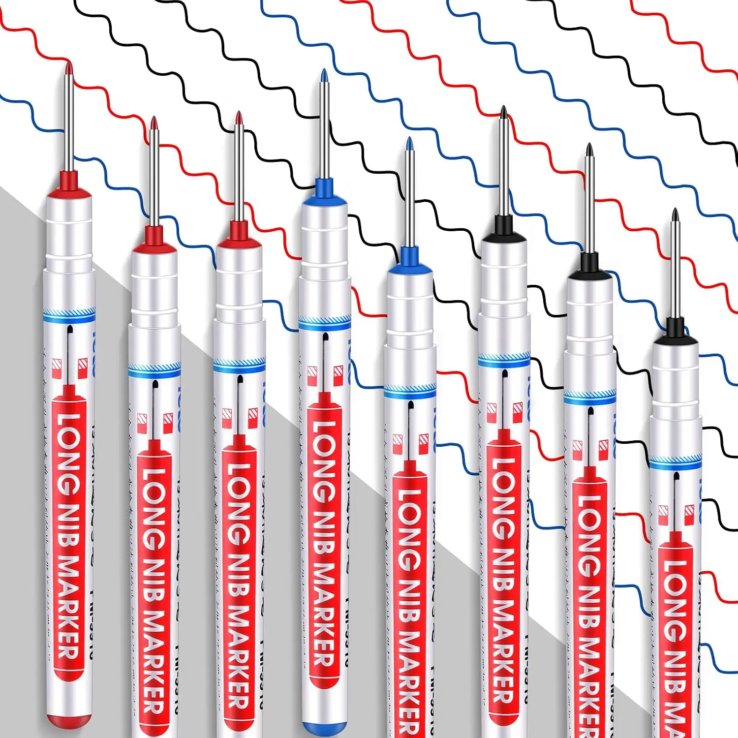 8 count Long Nib Marker Long  Deep Hole Marker Pen for Crafters 20mm Drill Hole Scriber  Fine Nose Tip Permanent Marking Pen for Drilling Woodworking  (Red,Black,Blue)