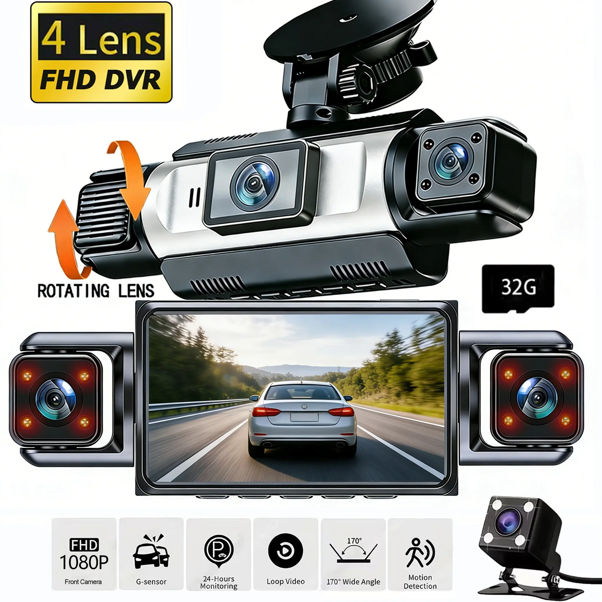 4 Channel Dash Cam: 1080P Front + 720P Other Channels, Night Vision, Loop Recording, Parking Monitor (Hardwire Kit Required), Easy-Install Suction Mount & Multi-Language Support | Car Accessories
