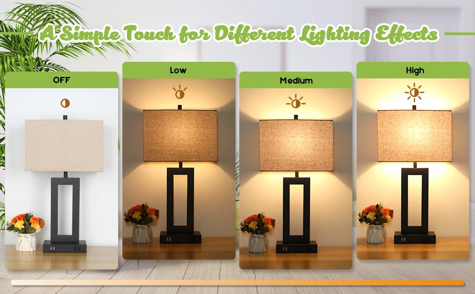 2Pc Touch Control Table Lamp with 2 USB Ports, 3-Way Dimmable Modern Nightstand Lamp Sets Bedside Touch Desk Lamp with Fabric Cream Shade For Bedroom Table Living Room Reading, Included Bulbs
