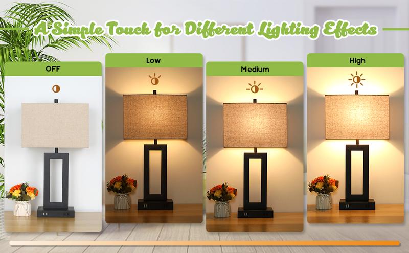 2Pc Touch Control Table Lamp with 2 USB Ports, 3-Way Dimmable Modern Nightstand Lamp Sets Bedside Touch Desk Lamp with Fabric Cream Shade For Bedroom Table Living Room Reading, Included Bulbs