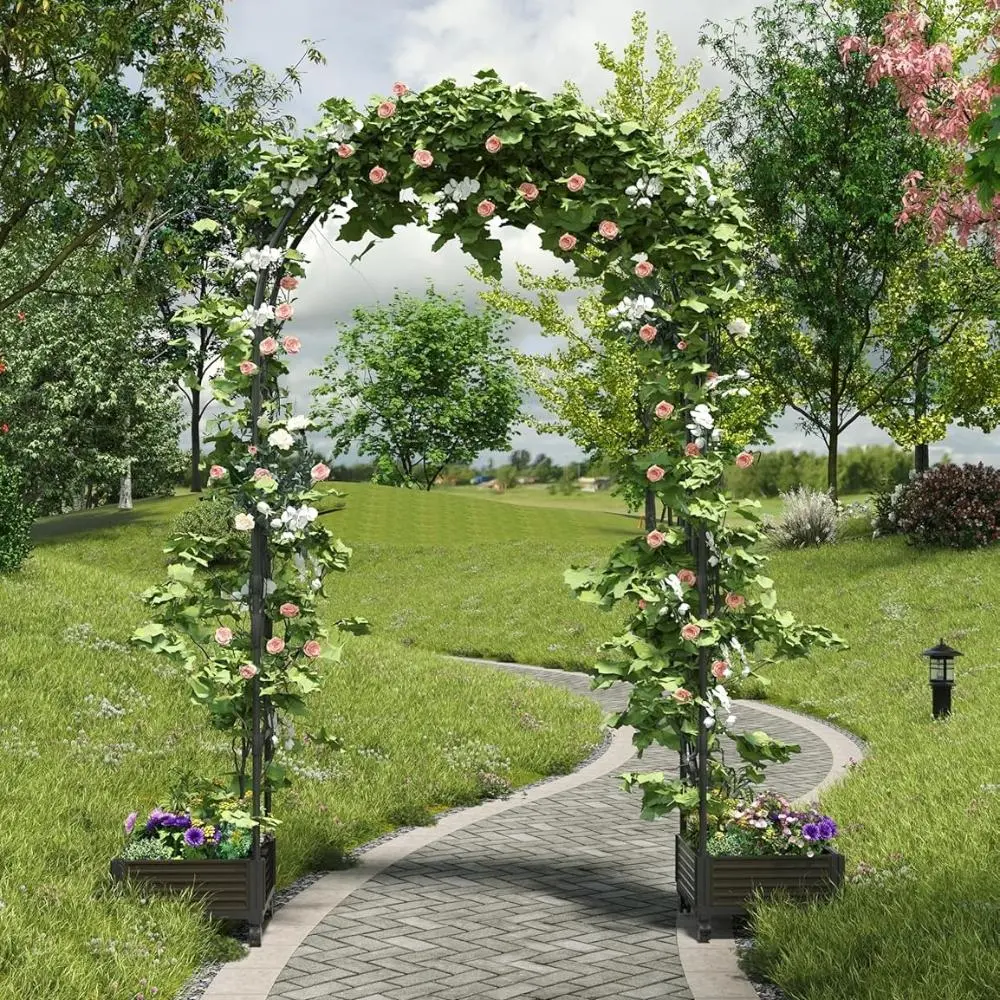 Rustproof Garden Arch with Planter Box, Wedding Ceremony Decorations with Wheels- 3.9 * 7.8, 5.9 * 7.8 or 7.2 * 7.8Ft, Metal Arch for Garden Arbor Trellis & Climbing Plant
