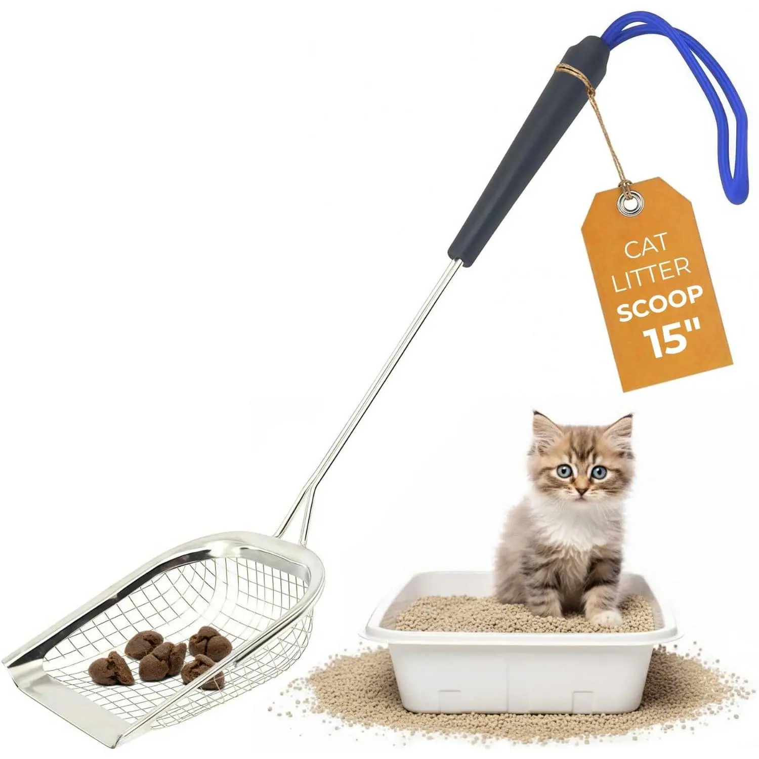 Metal Cat Litter Scoop – Long Handle Cat Poop Scooper for Litter Box (15”), Heavy-Duty Stainless Steel Kitty Litter Scoop