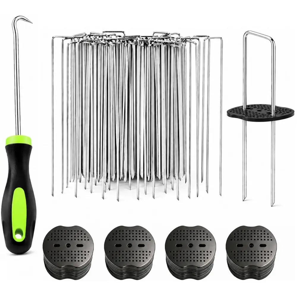 100pcs Garden Stakes Staples + 100pcs Gasket, 6 Inch Lawn Landscape Staples, U Shaped Galvanized Pins for Weed Barrier Sod Fabric, Landscaping, Outdoor Use