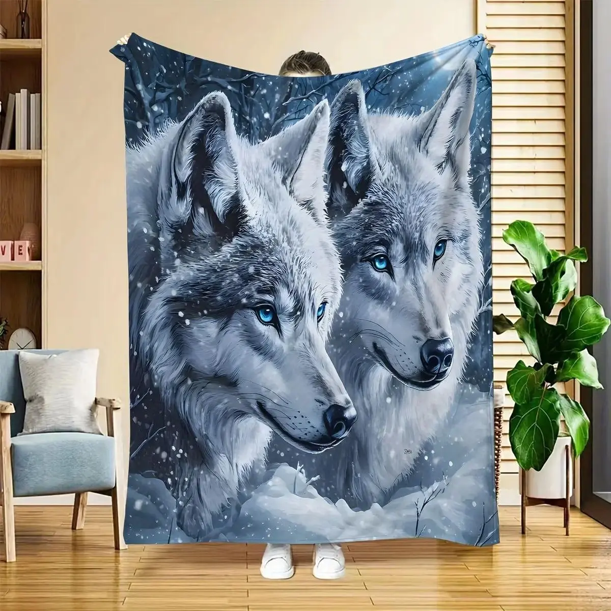 Winter Snow White Wolves With Blue Eyes Print Soft Cozy Plush Flannel Throw Blanket, Bed Sofa Home Decor, Matches cooling blankets pillows couch cover for sofa bedding set comforter set, Birthday Holiday Gift For Wolf Fans Men Women Teens