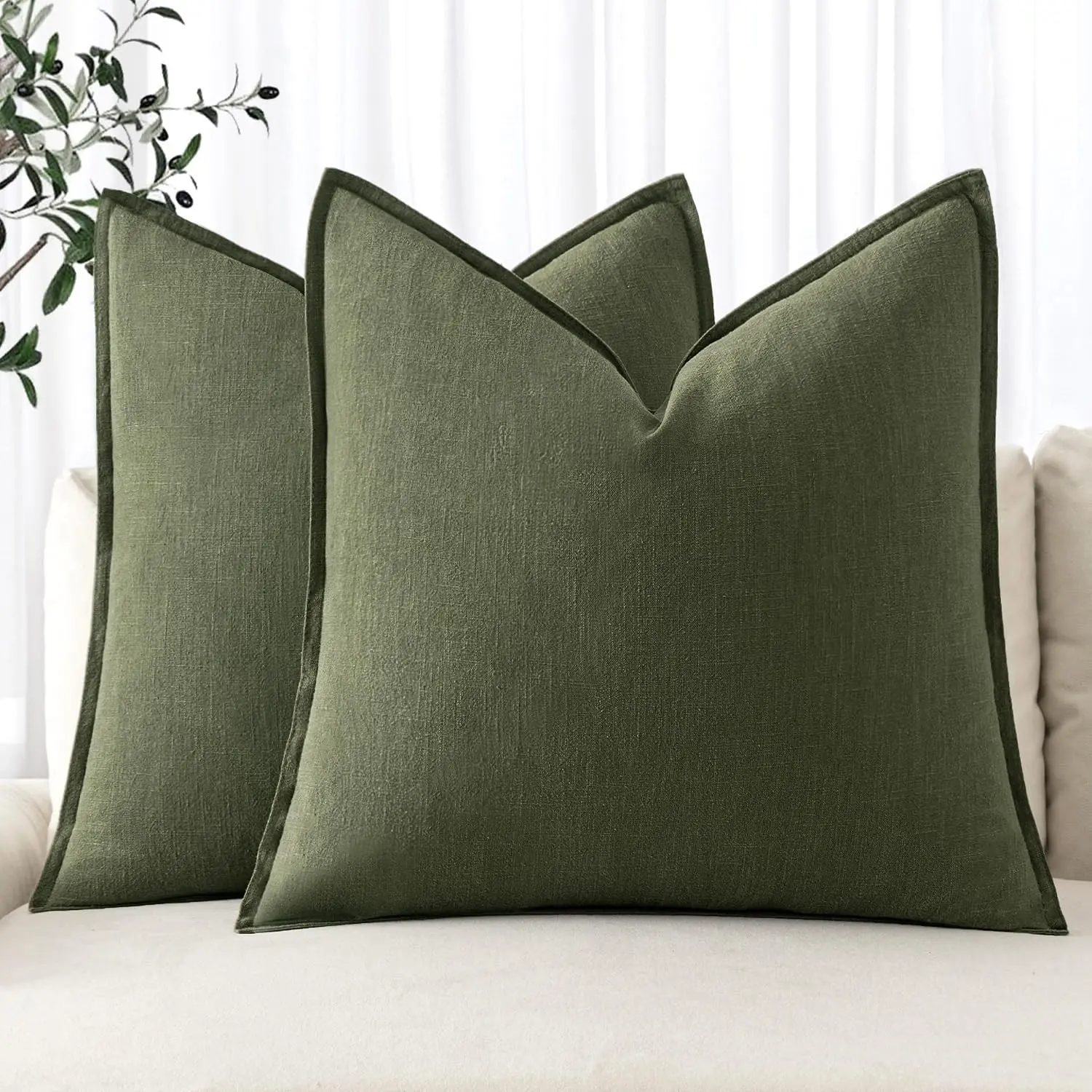 Set of 2 18x18 in Dark Olive Green Boho Farmhouse Decorative Linen Pillow Covers, Modern Accent Pillowcases for Couch, Sofa, Bed, Living Room Home Decor