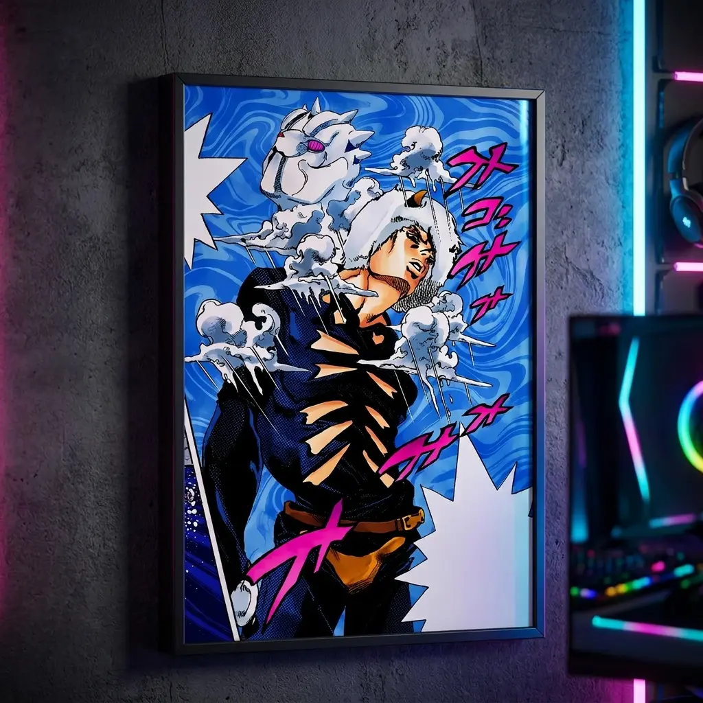 Anime Wall Art, Jojo's Bizarre Adventure Weather Report Poster, Blue Canvas Art, Living Room & Game Room Decor