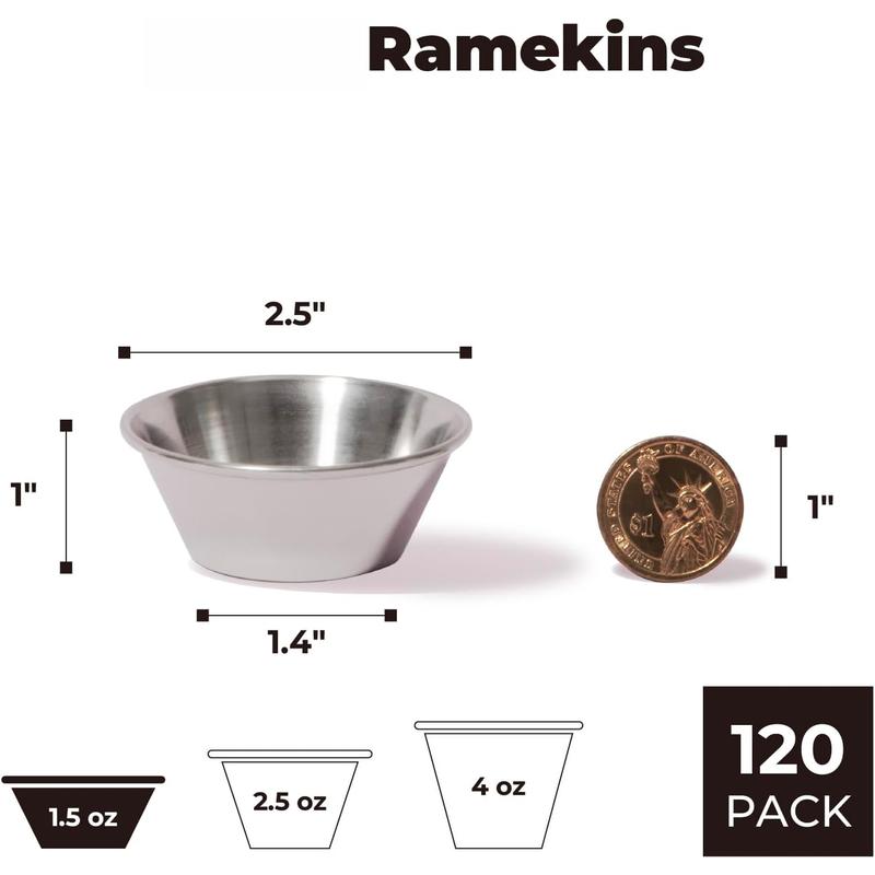[120 Pack 1.5 oz Stainless Steel Dipping Sauce Cups,  Metal Ramekins, Commercial Grade Condiment Bowls, Individual Portion Cups, Small Round Au Jus Cup for , Restaurant