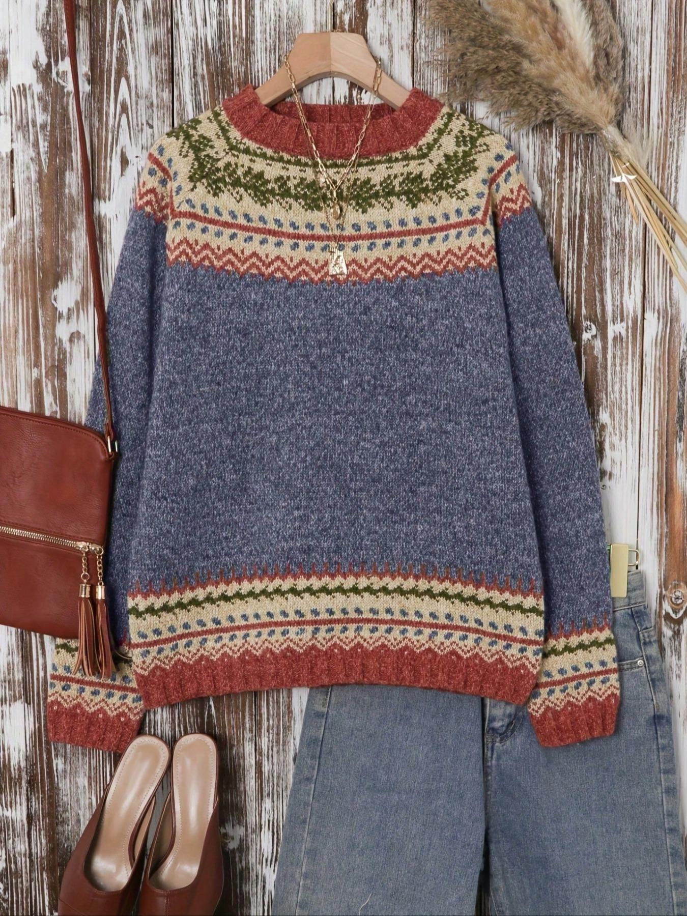 Women's Ethnic Pattern Raglan Sleeve Sweater, Casual Long Sleeve Round Neck Jumper for Fall & Winter, Fashion Ladies' Knitwear for Daily Wear Tops, Womenswear