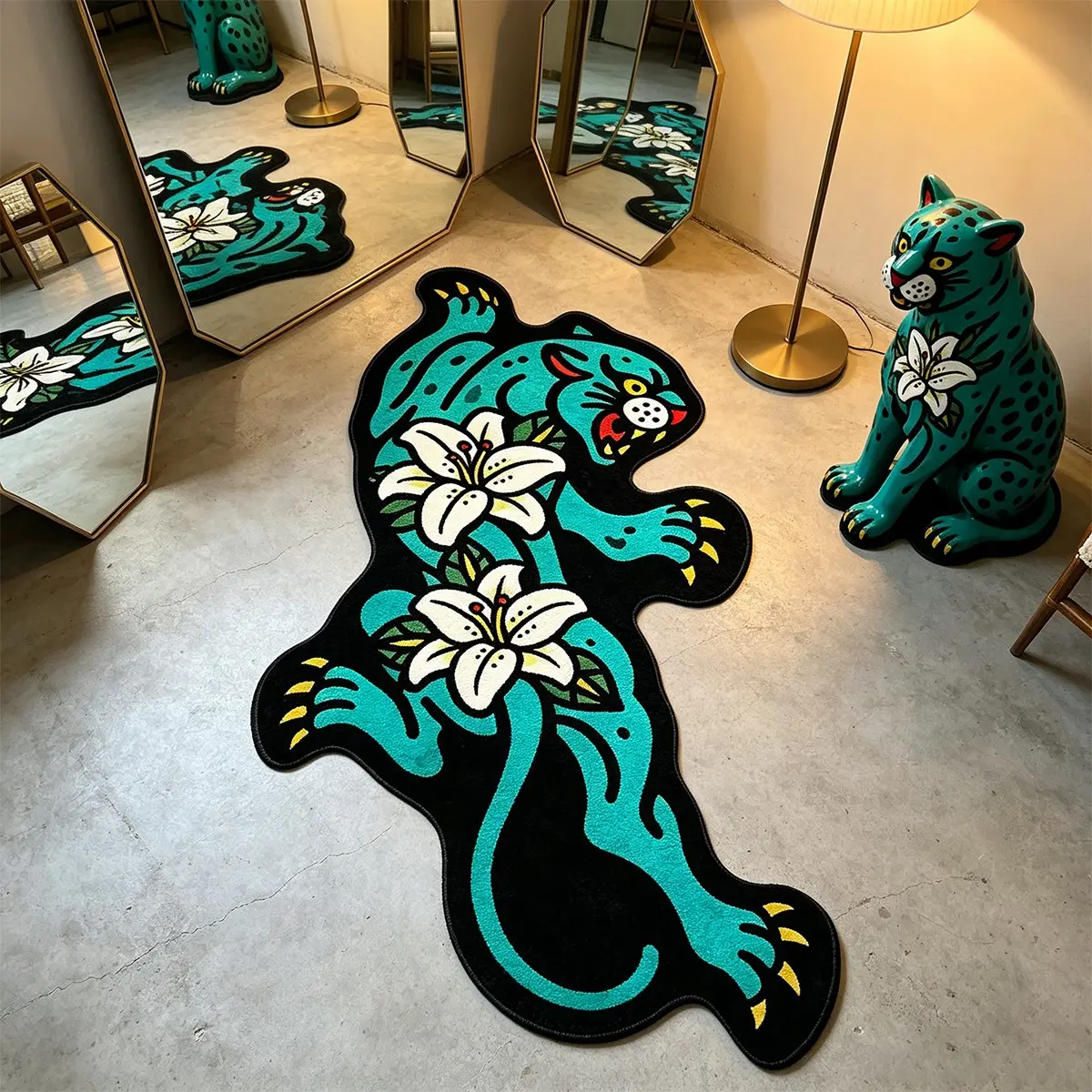 Blue Leopard Rug, Irregular Shape, Lily Pattern, Non-Slip Washable Carpet, Soft Comfort Bedside Mat, Bedroom Living Room Indoor Rug, American Vintage Home Decor, Polyester Fiber Rug
