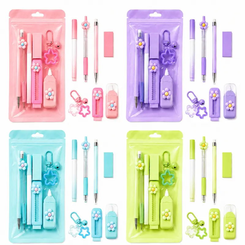 7Pcs Macaron Pastel Stationery Set, Cute School Supplies Gel Pen Highlighter Pencil Eraser Correction Tape Star Keychain, Student Journaling Office Gift Kit