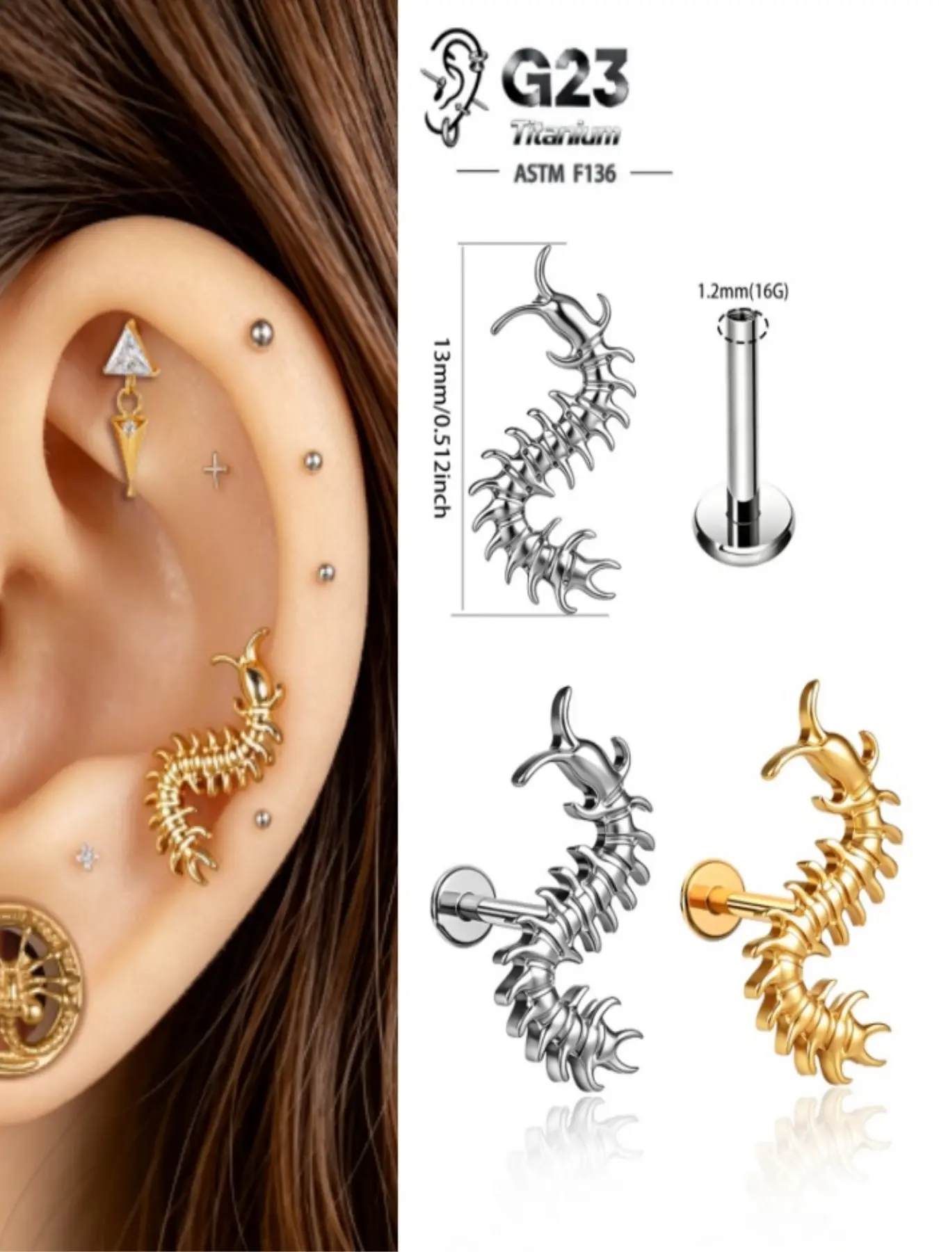 vanku 1pcs G23 Titanium 16g Gothic Centipede Cartilage Earring, Punk Helix Tragus Conch, Daily Wear, Plain Design, All Seasons Piercings Jewelry