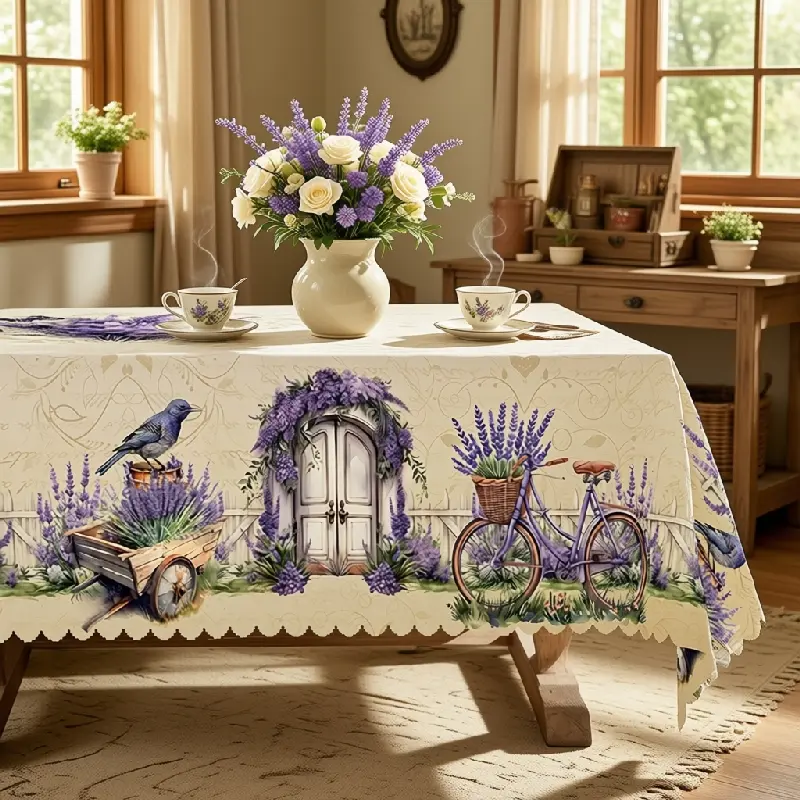 Lavender Bicycle Birdcage and Bluebird Printed Tablecloth for Rustic Kitchen Dining Decor polyester, washable, clearance sale