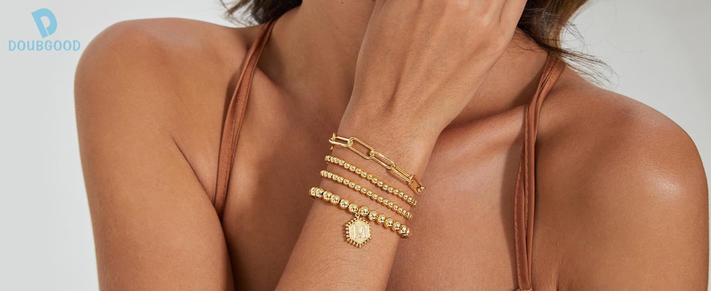 doubgood Gold Bracelets for Women, 14K Gold Plated Stackable Initial Beaded Bracelet with Letter Pendant Waterproof Stretch Trendy Stack Jewelry Set Gifts for Mom Mother's Day
