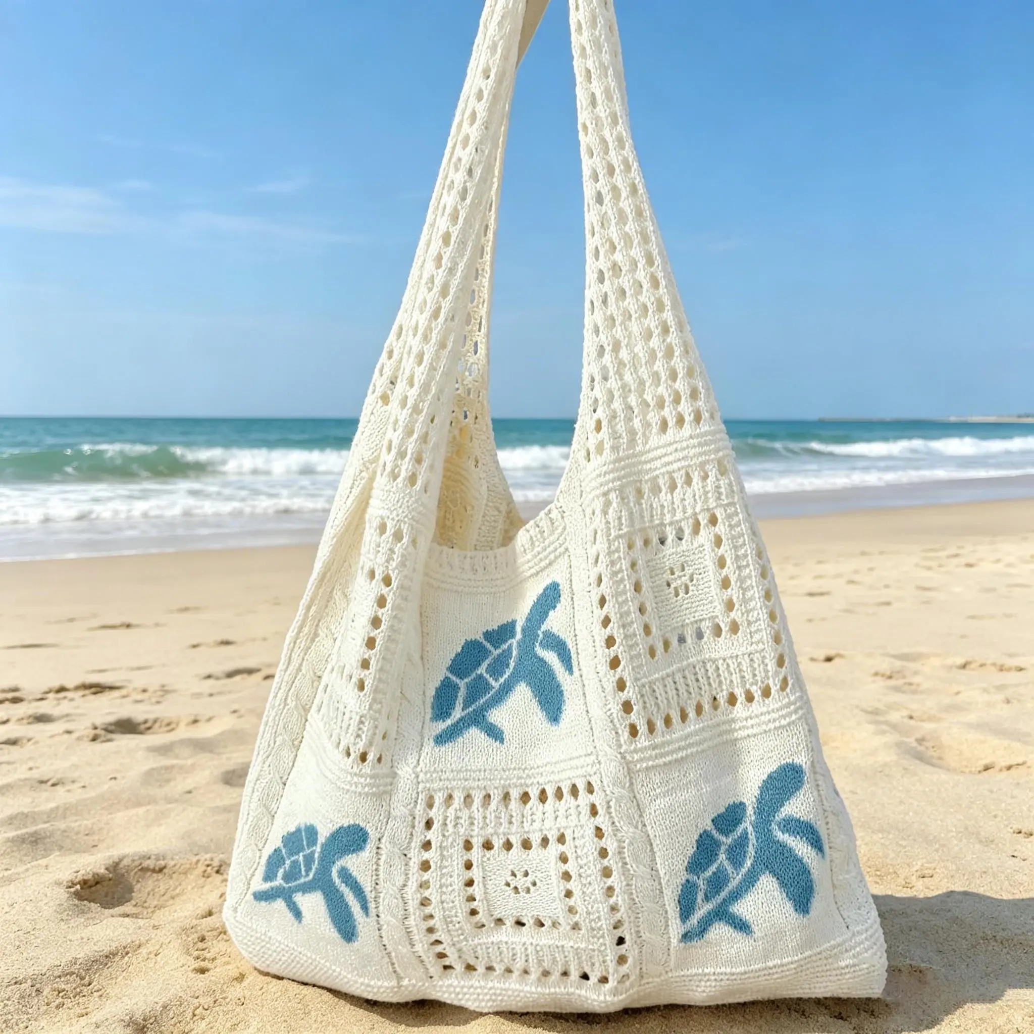 Cute Crochet Blue Bag for Women, Large Capacity Open Knit Shoulder Handbag, Lightweight Stylish Summer Beach Tote, Versatile Casual Daily Shopping & Market Storage Handbag