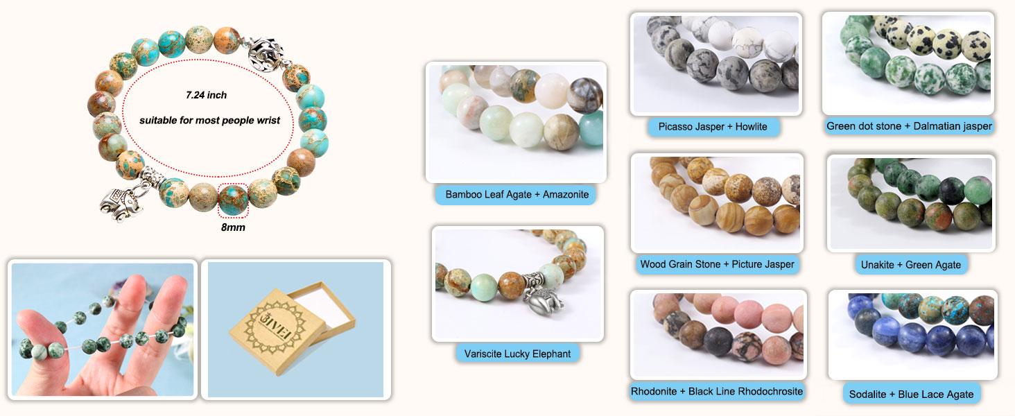 Bivei Natural Gemstone Semi Precious Healing Crystals Handmade Stretchy Round Beads Bracelet,Stocking Stuffers for Women Enhance Positive Energy