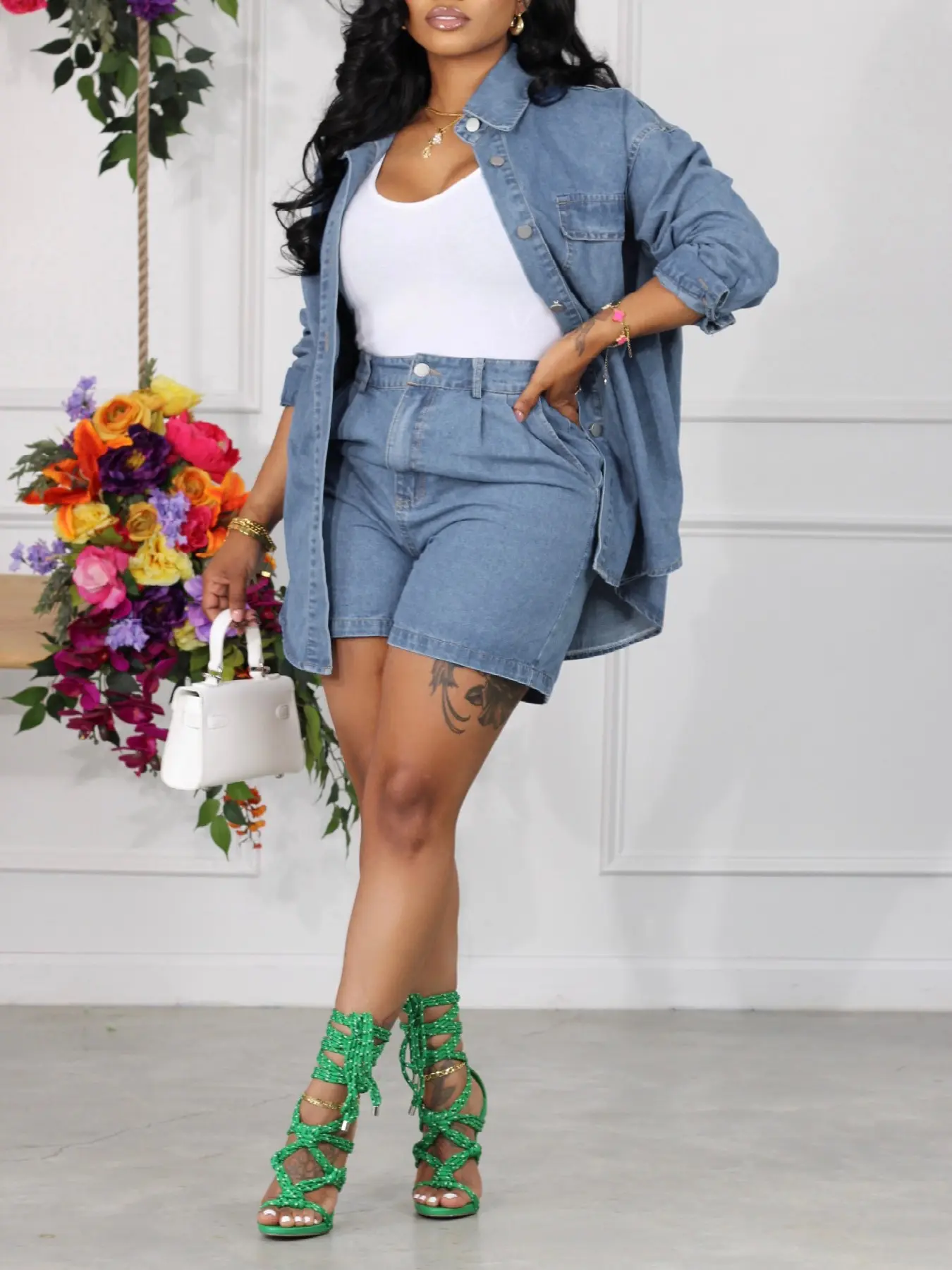 A250 Pure Color Washed Denim Set, Casual Daily Jacket Coat Two-Piece Set Outfit, Jeans Shorts High Waist Street Style, Spring Summer Fall Fashion Women Everyday Streetwear