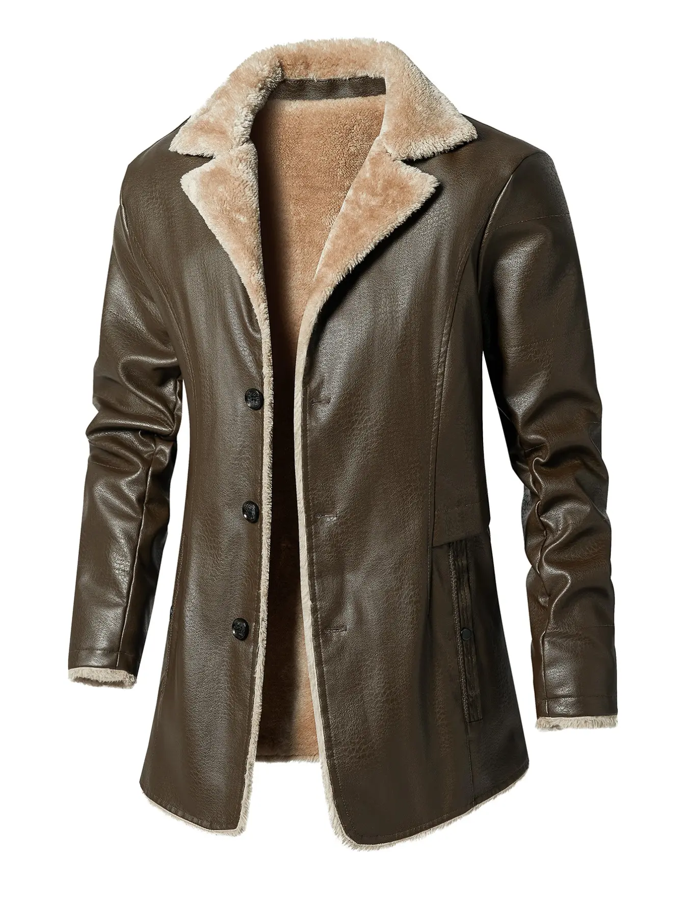 Men's Fashion Stand Collar Long Leather Jacket, Solid Color Fleece Lined Warm Coat, Stylish Winter Outerwear for Men