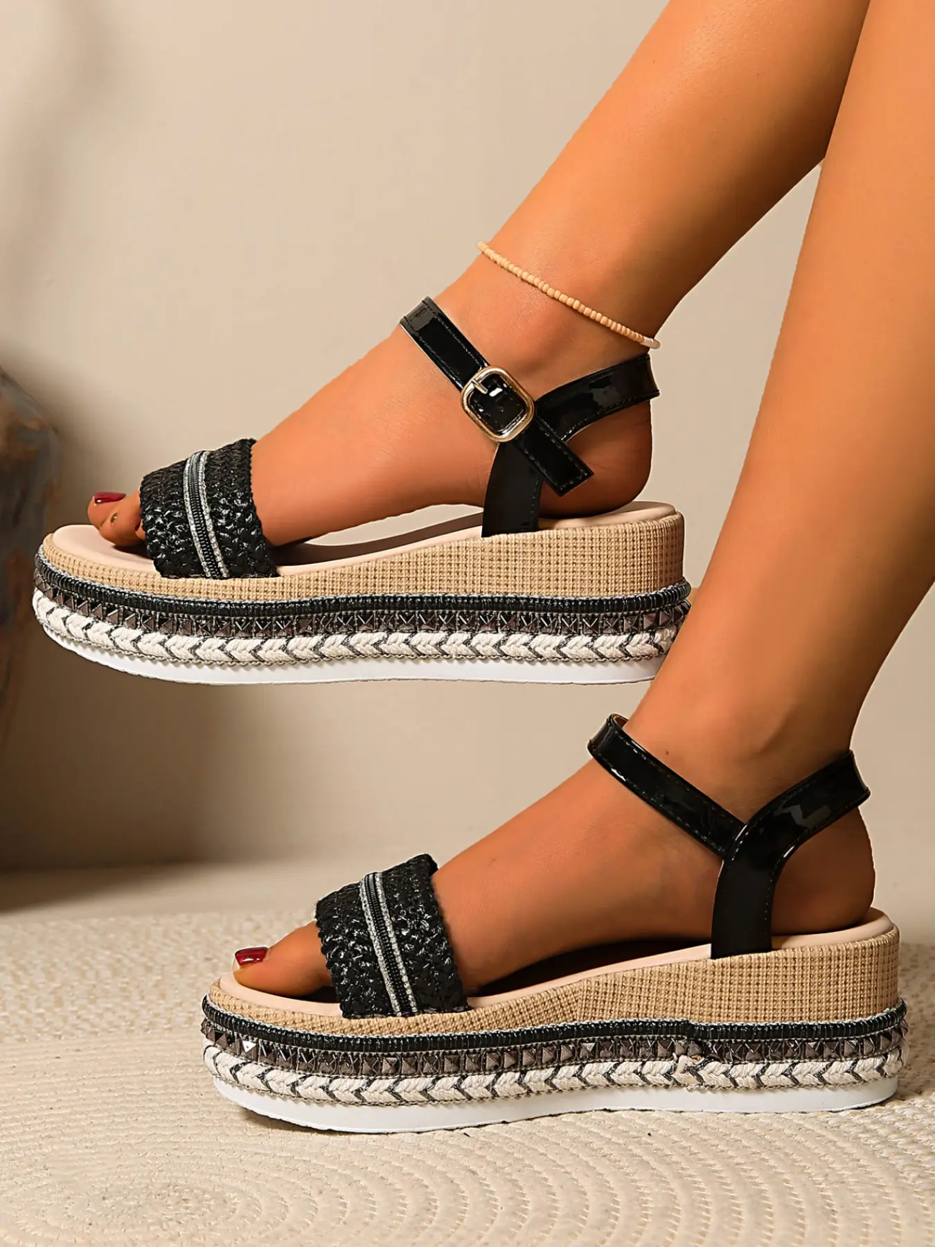 Silver Color Braided Wide Strap Straw Sandals, Adjustable Buckle Thick Sole, Boho Style Vacation Shoes for Women