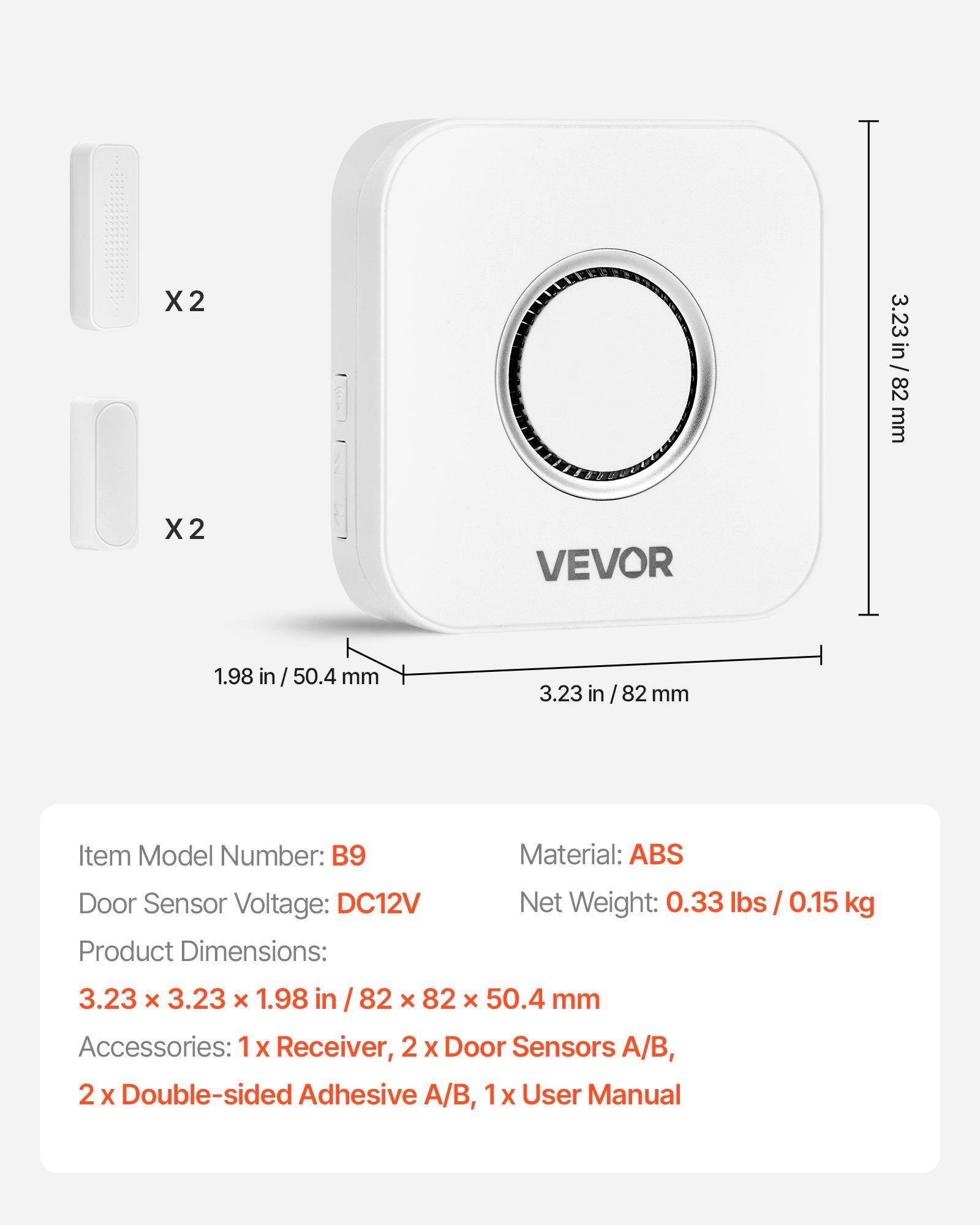 VEVOR Door Chime, DC 12V, Wireless Door Open Contact Sensor Alarm Chime with 656 ft Range, 58 Chimes & 5 Adjustable Volume, Doors Ringer Alert for Business, Store, Home, Office When Entering