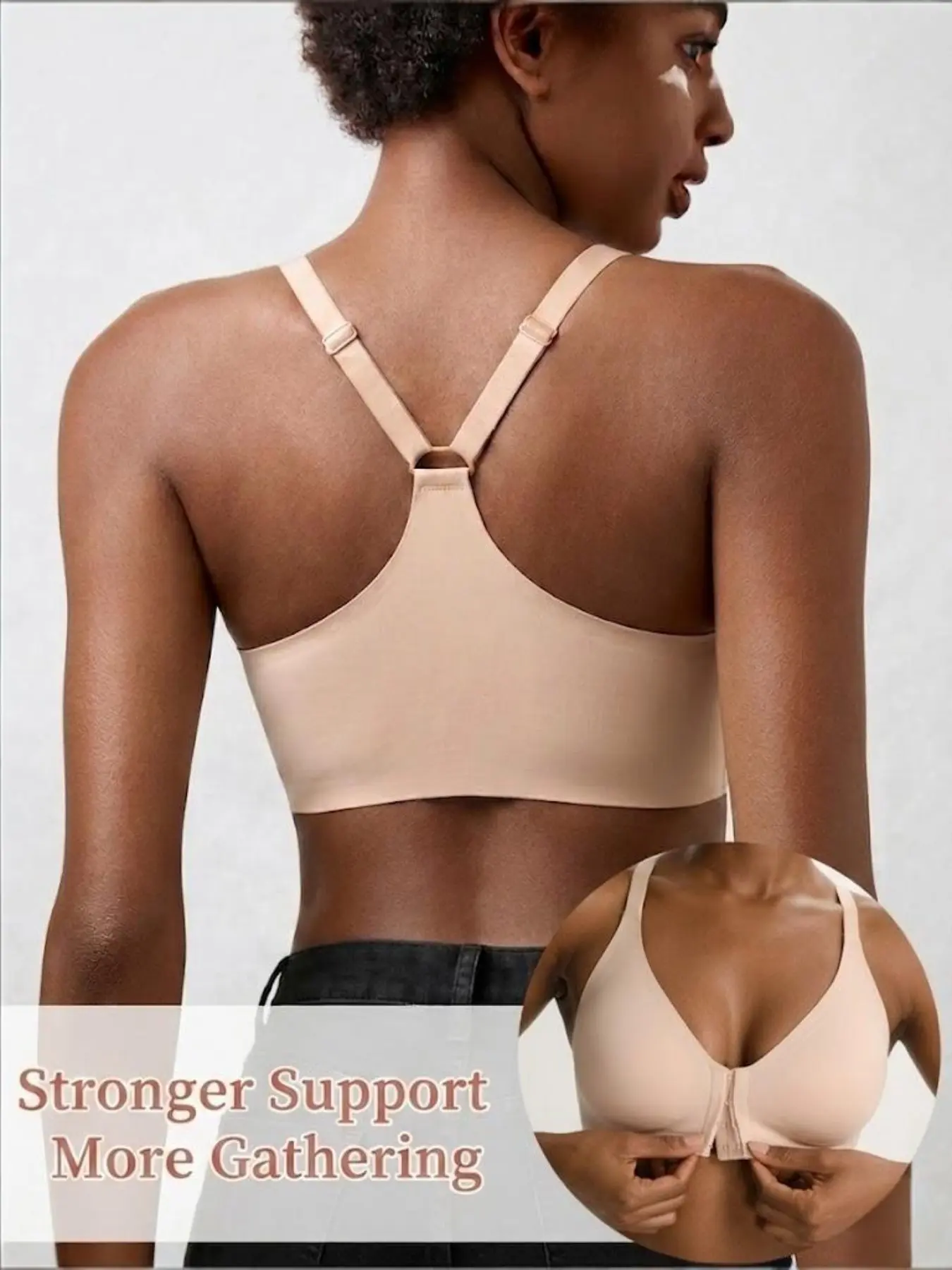 Front-Opening Multi-Buckle Wireless Bra, High Support Sports Back Design, Slim-Fitting Lined Bra for All Seasons, Casual Plain Pattern