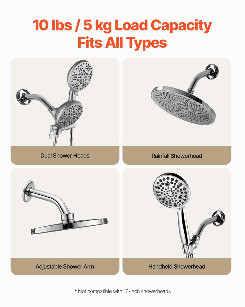 VEVOR Shower Arm with Flange, 6 Inches, Wall Mounted Stainless Steel Shower Head Arm Extender, Chrome Finish, PTFE Tape, G1/2 Universal Thread Connector Compatible, for Fixed & Handheld Showerhead