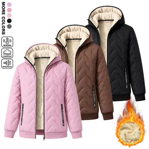 Women’s black fleece-lined hooded jacket, warm winter quilted outerwear with pockets, casual outerwear suitable for everyday wear