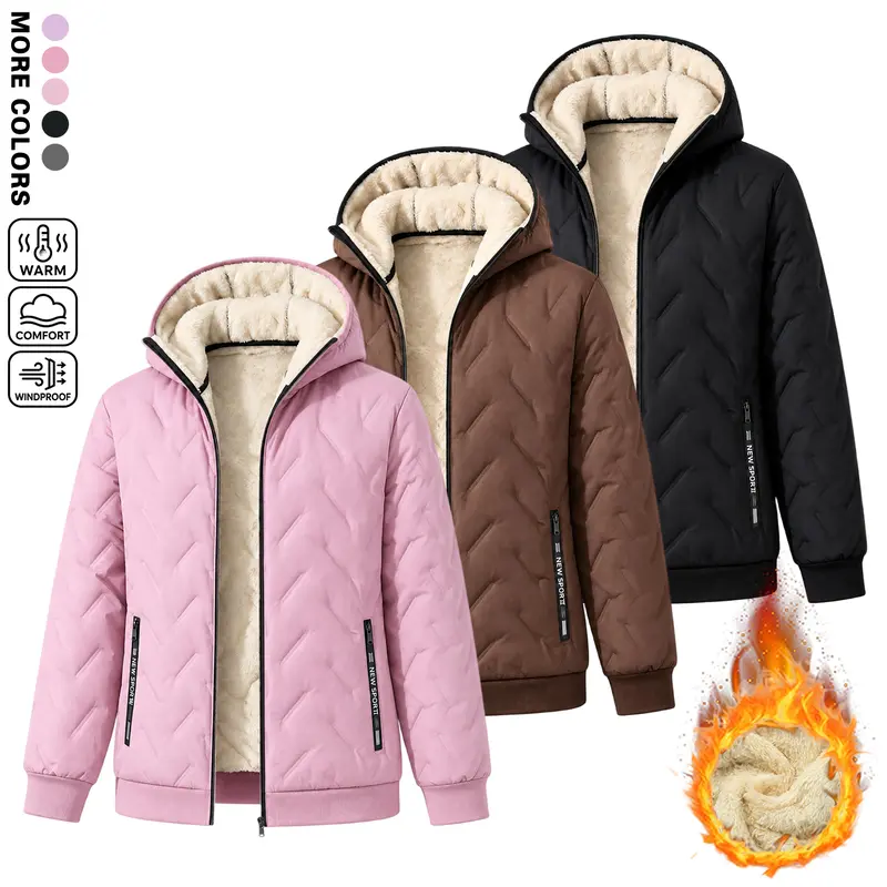 Women’s black fleece-lined hooded jacket, warm winter quilted outerwear with pockets, casual outerwear suitable for everyday wear