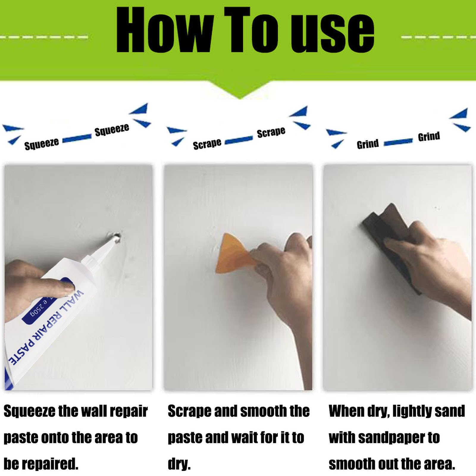 3Pcs Efficient Drywall Repair Kit with Scraper, 2026 Upgrade Quick Drying Wall Repair Paste for Cracks and Holes, Multi Functional Wall Mending Agent for DIY Home Fix