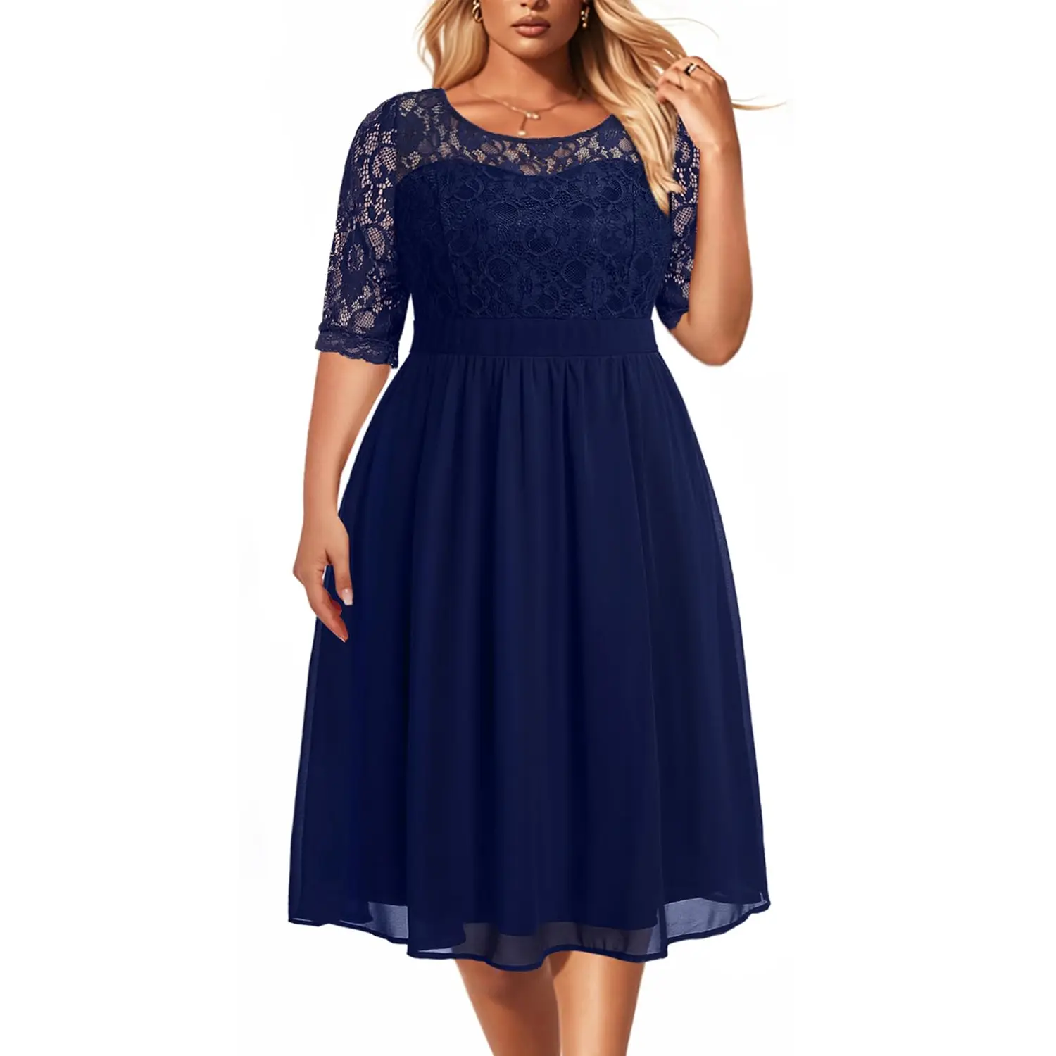Pinup Fashion Women's Basic Lacy Spandex Fabric Midi Dress with Zipper - Plus Size Lace Chiffon Wedding Guest, Cocktail Party Wear, Clothes