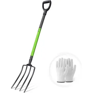 Garden Fork, Used for Digging and Composting, 4-Tooth Garden Fork with Steel Handle and Reinforced Fork Head 45inch (Includes Protective Gloves)
