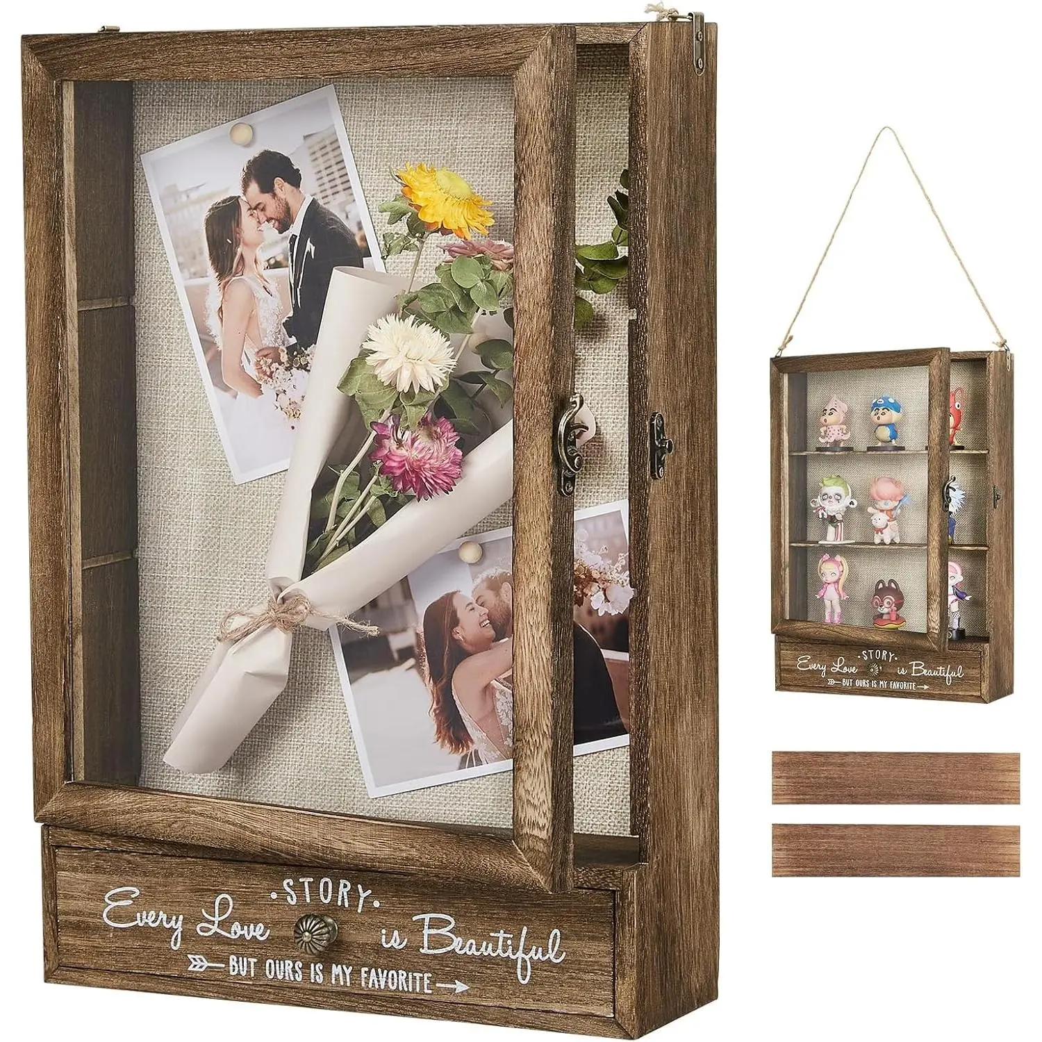 AW BRIDAL 11x16 Large Brown Wooden Shadow Box Display Case with Removable Shelves & Drawer, 2026 Keepsake Memory Box, Bridal Shower Wedding Engagement Gifts for Bride Couples Newlyweds