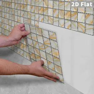 10PCS GST Glossy White Orange Gold Marble Mosaic Tile Stickers, Self-Adhesive PE Foam, Waterproof Oilproof, Shock & Abrasion Resistant, for Bedroom Kitchen Bathroom Office Smooth Surfaces Home Decor