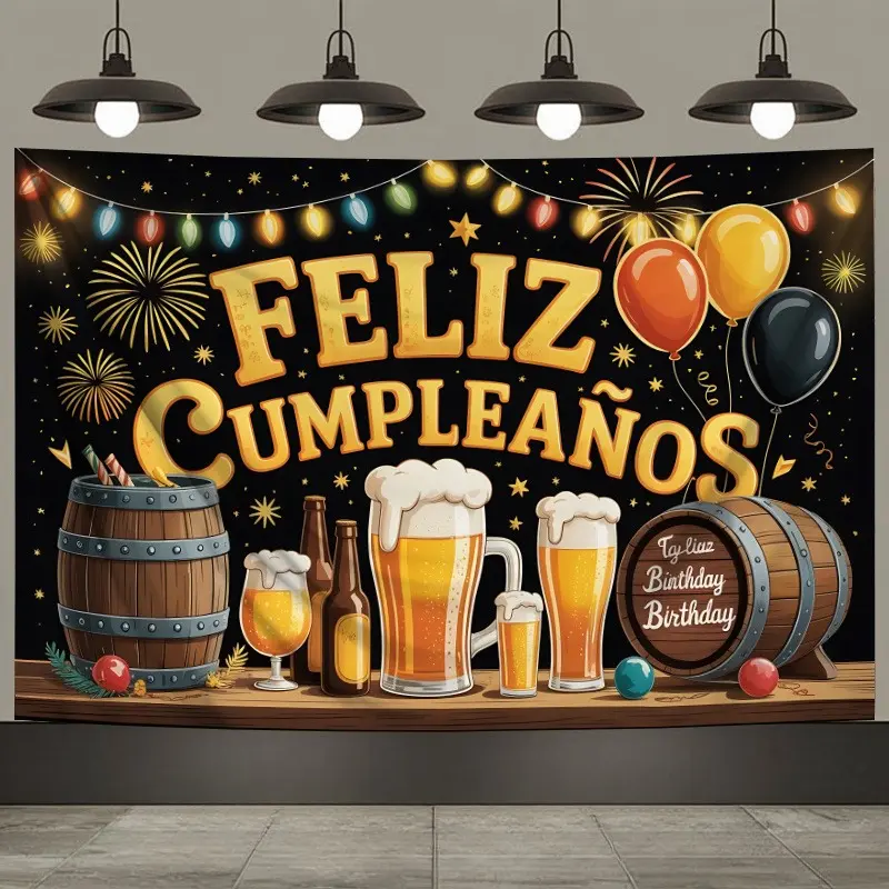 Fiesta Theme Spanish Birthday Beer Backdrop - Lightweight Polyester Tapestry with Beer Mug Print, Photo-Worthy Design for Men's Birthday Parties, Indoor Home Decor