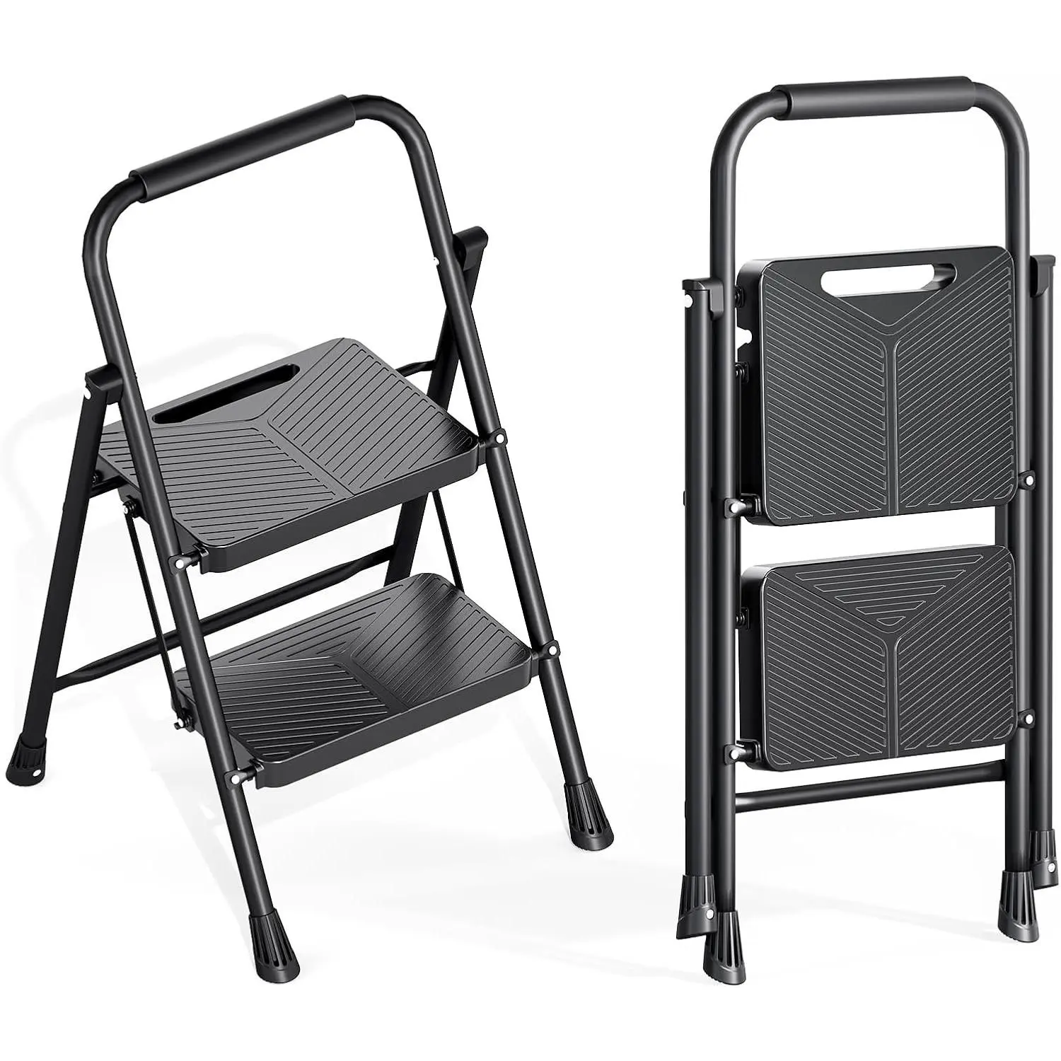 2 Step Ladder, Folding Step Stool with Handrail, Safe-Lock Design and Wide Anti-Slip Pedals, 500 lbs Capacity Sturdy Steel Ladder for Home and Kitchen, Black