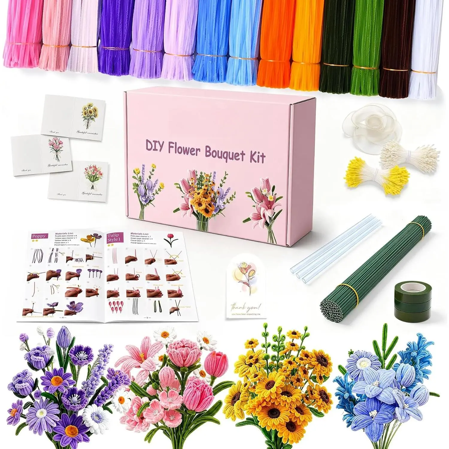 700 count Pipe Cleaner Flower Kit, 14 Colors Chenille Stems with Instruction | 7mm thick and ,14 Easy Flower Tutorials,- Box,Everything Included