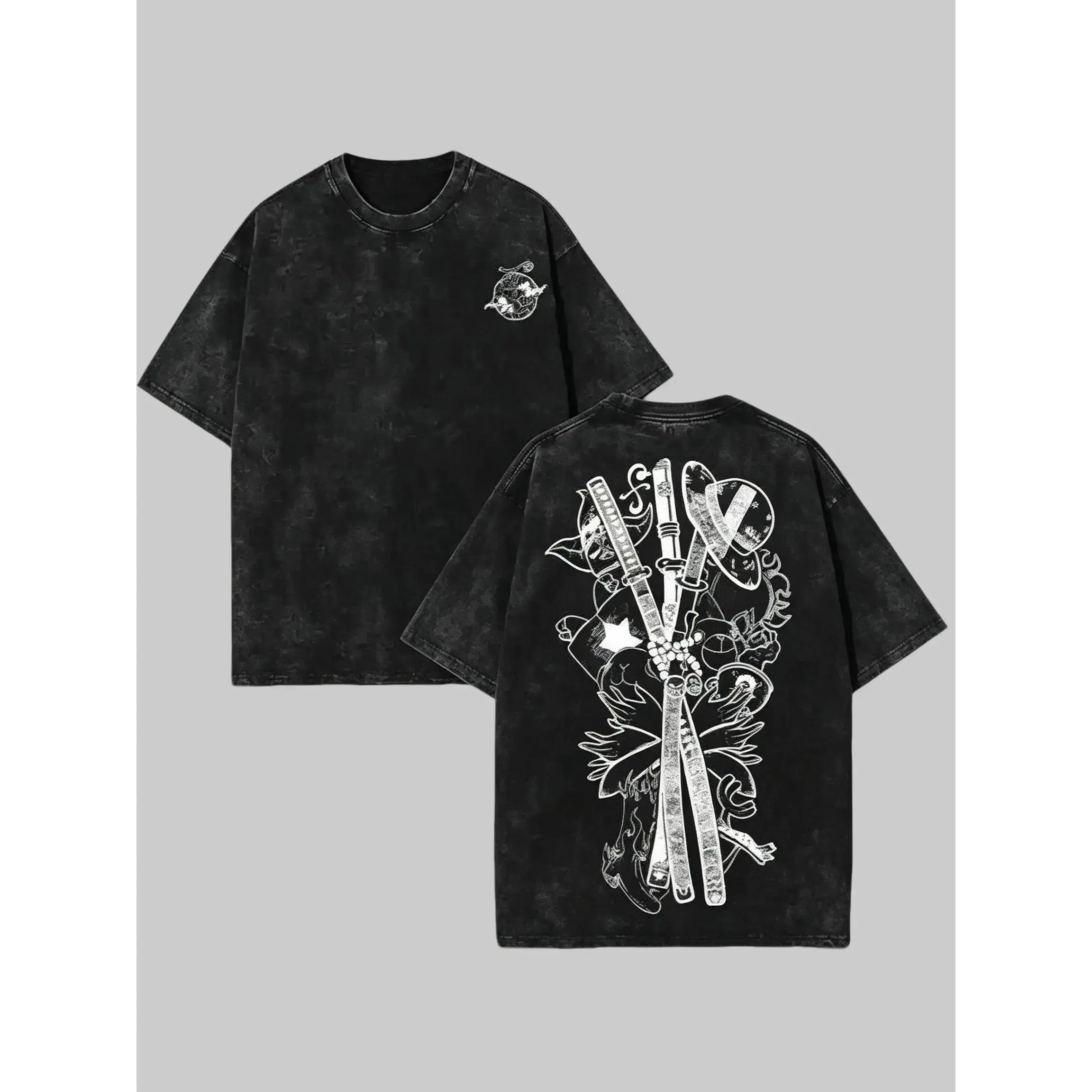 Menswear Short-Sleeve Oversized Vintage Washed Heavyweight Cotton Luffy Graphic T-Shirt - Anime Japanese Manga Pirate King Tops, Unisex Harajuku Y2K Samurai Sword Streetwear Summer Fashion Gift