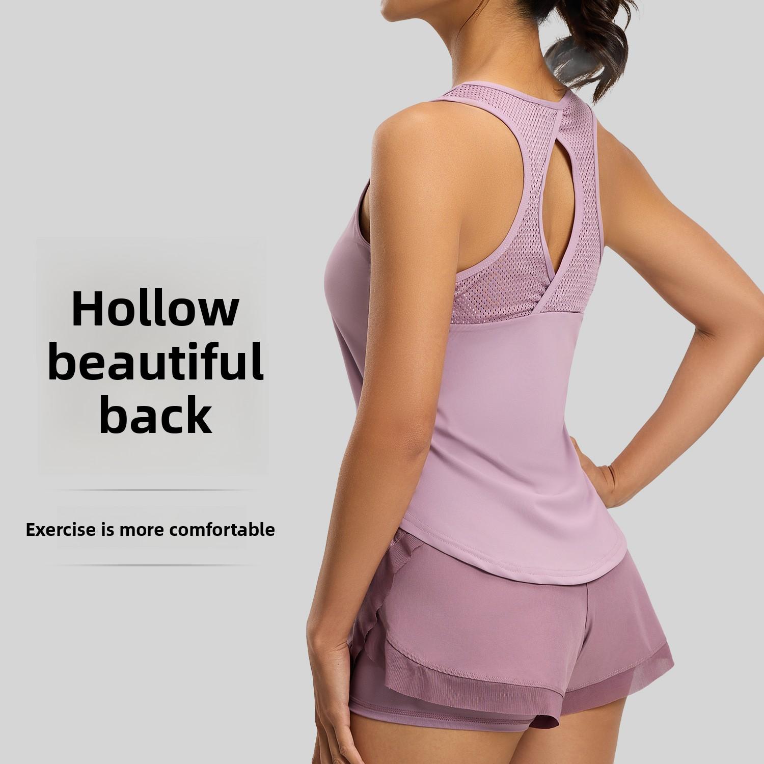 Summer wear loose running fitness yoga thin hollow mesh sleeveless women's sports vest Backless Halter Crop Top Set