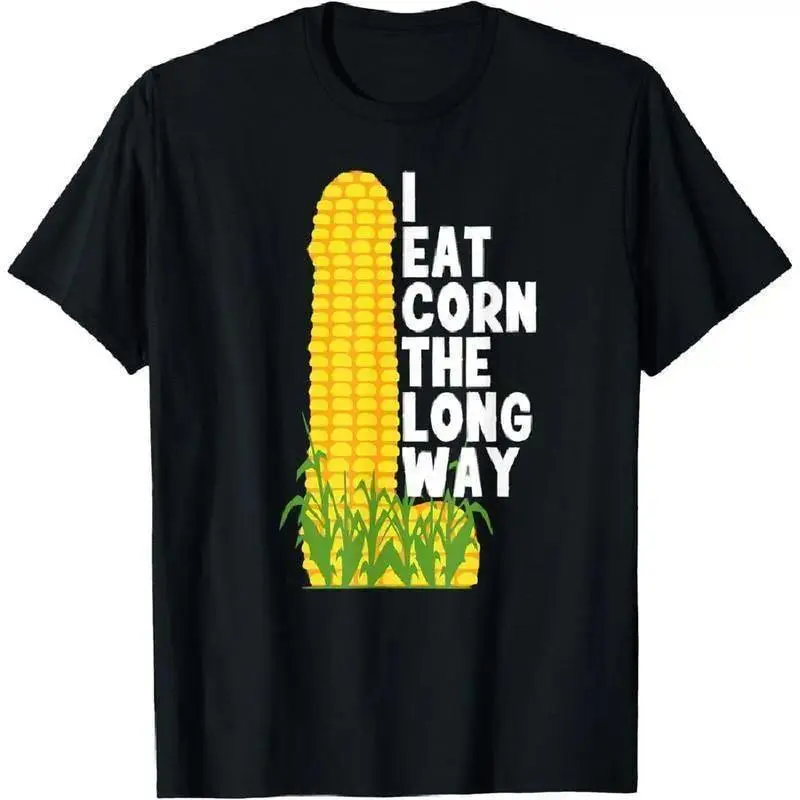 Vintage Cartoon Corn Cob I Eat Corn The Long Way Funny Slogan Print Graphic Tee Funny Humor Streetwear Oversized Men'S Relaxed Short-Sleeve Tee 100% Cotton Breathable Crew Neck Casual Farm Humor Streetwear T-Shirt