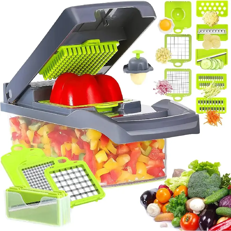 12-in-1 Multiple Functions Steel Veggie Chopper Kitchen Utensils - 7 Blades, Vegetable Cutter, Slicer, Grater, Mandolin Slicer with Container, Time-Saving Cooking Gadget