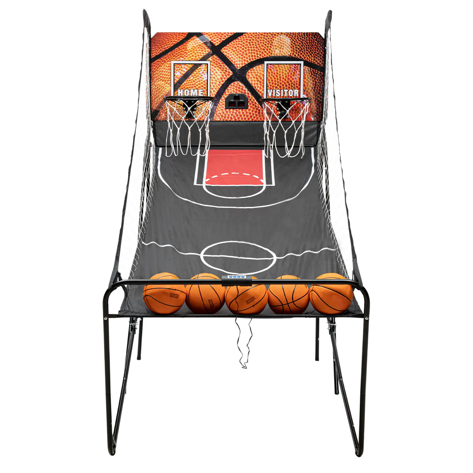 Floor Standing Dual-Shot Basketball Arcade Game with PVC+Iron+Nylon Construction, 111*200*207cm Arcade Setup, 8 Game Modes, LED Scoreboard, 5 Balls for Multiplayer Play Indoor/Outdoor Home Use, 14.7Kg