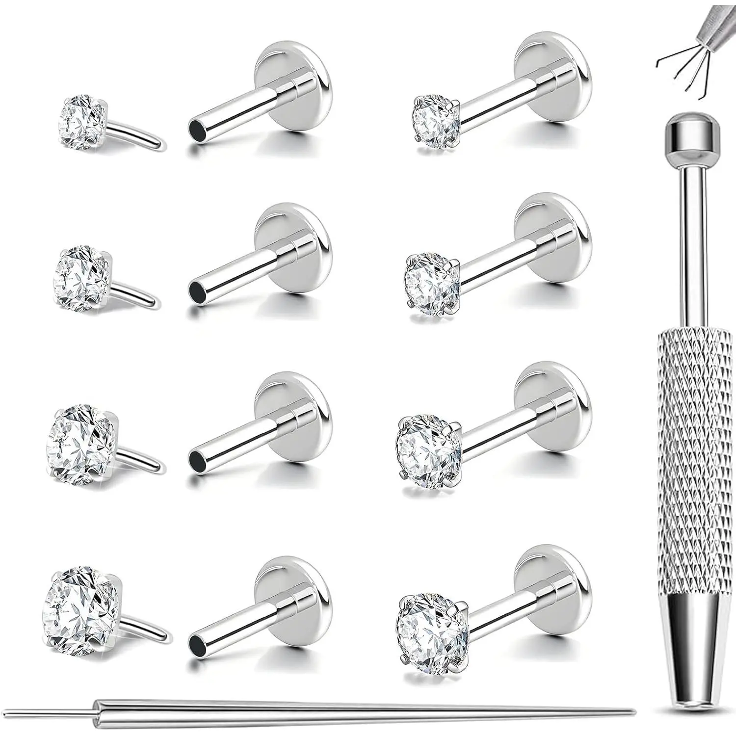 20G/16G Threadless Flat  Earrings Stud Stainless Steel Nose Studs Long Internal Thread  Studs Nostril Lip Medusa Cartilage Tragus Helix