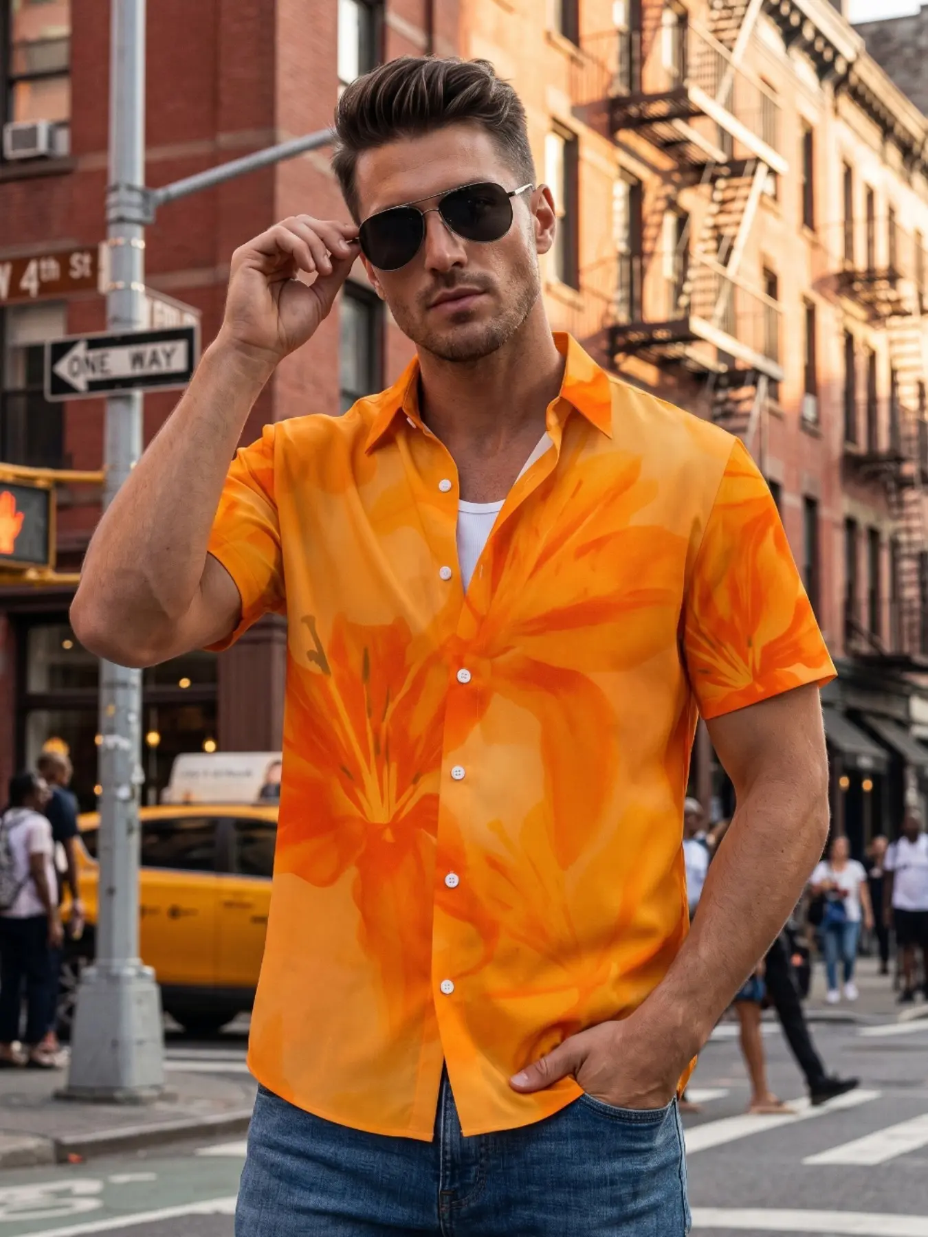 Beautiful Orange Lily Men's Shirt Trendy Personalized Creative Printed Pattern Short Sleeve Button Polyester Fiber Soft Breathable Leisure Vacation Style
