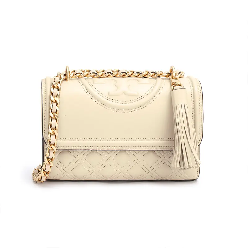 Tory Burch Fleming Quilted Matelassé Crossbody Bag for Women with Fringe Pendant and Woven Chain Strap – White Lambskin