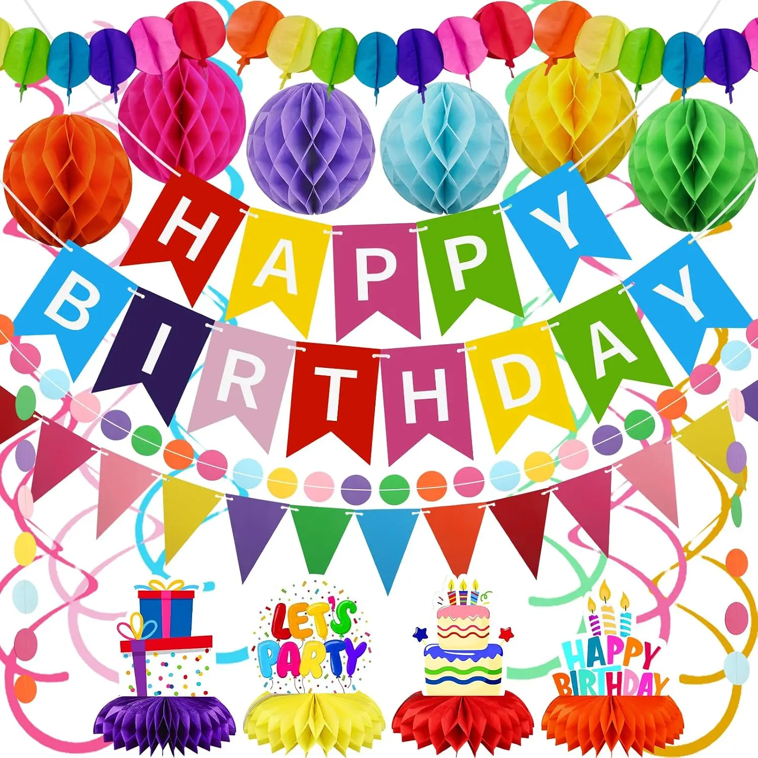 Birthday Decorations Kit, Happy Birthday Banner with Table Centerpieces, Colorful Paper Flag Garland,  Swirl Streamers &  Balls for  Birthday Party Decorations