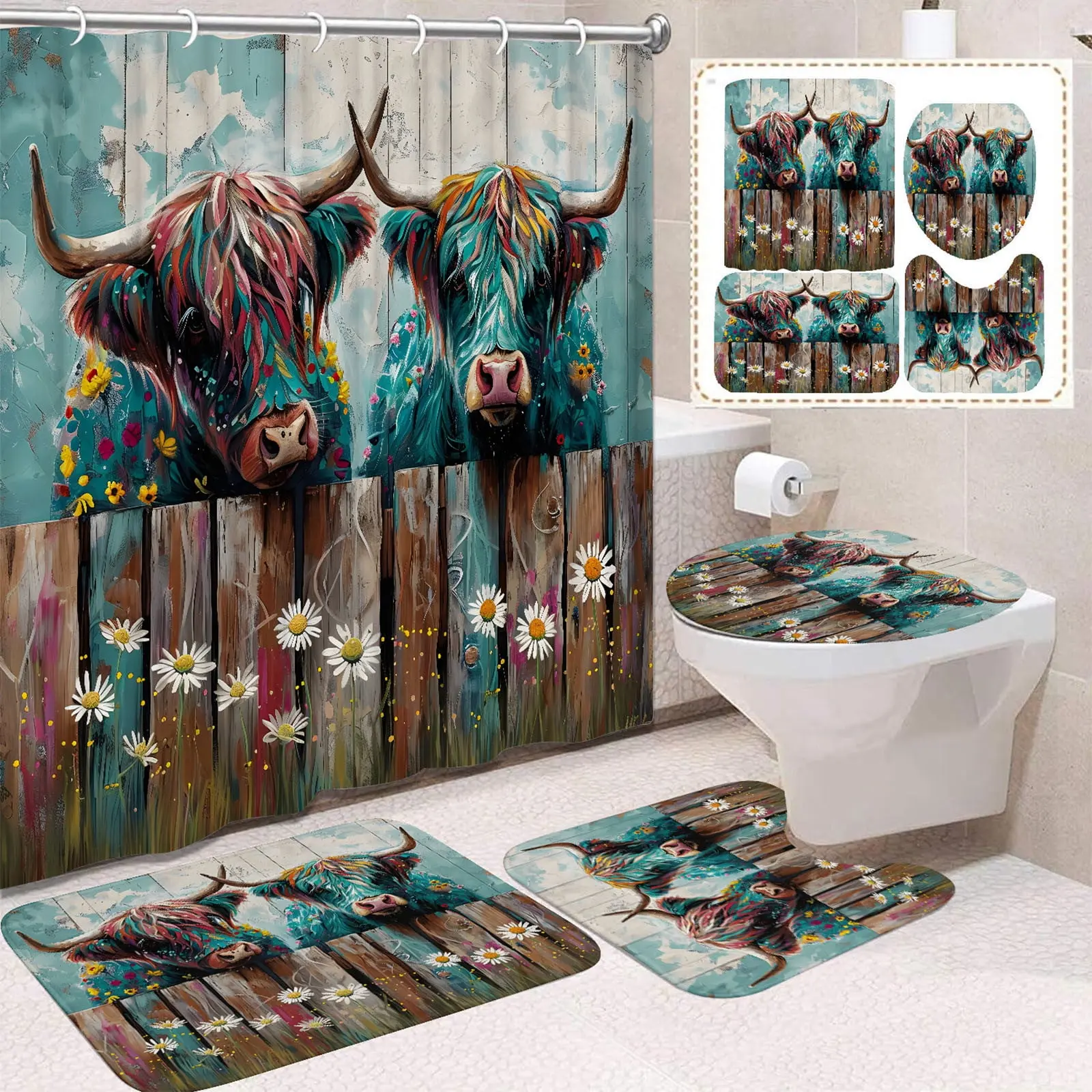 Farmhouse Bathroom 4-Piece Set - Waterproof Highland Cow Print & Blue Floral Flannel Kit (Shower Curtain, Toilet Lid Cover, Contour Mat, Bath Mat)