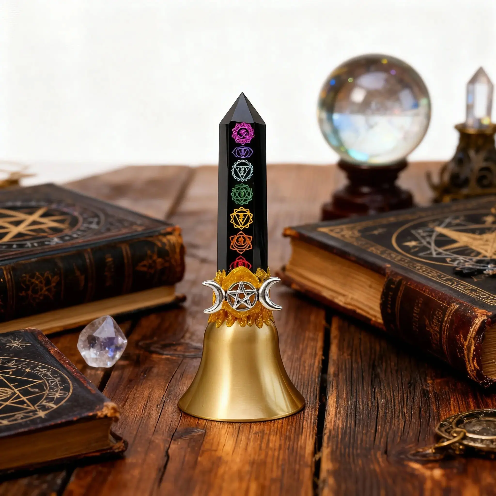 Brass Bell, Chakra Healing and Energy Purification, Amethyst Witch Wand Clock, Home Decor, Spiritual and Christmas Gift, Handpicked Crystals