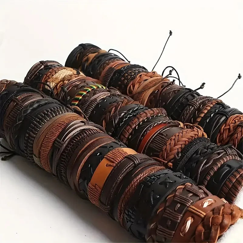 15/25/35Pcs Antique Style PU Leather Bracelets, Mixed Set Of Cuff Wristbands, Best Gift For Fashion Party Jewelry